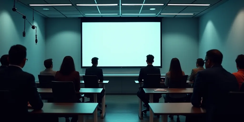 a group of people sitting at desks in a room with a large screen on the wall behind them, Félix Ara