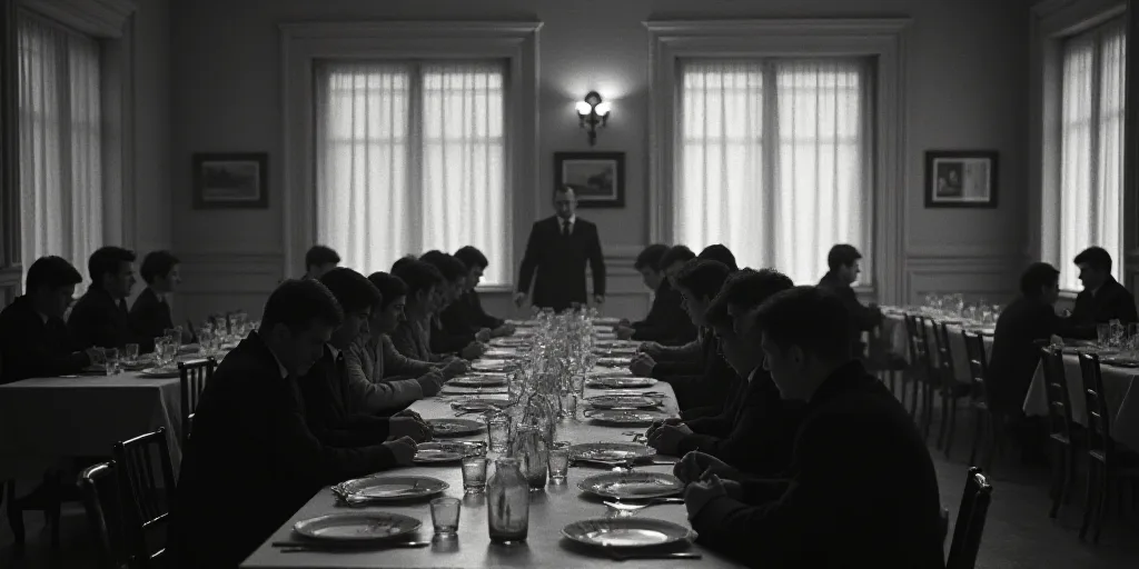 a group of people sitting at tables in a room with a long table and chairs in it and a man standing