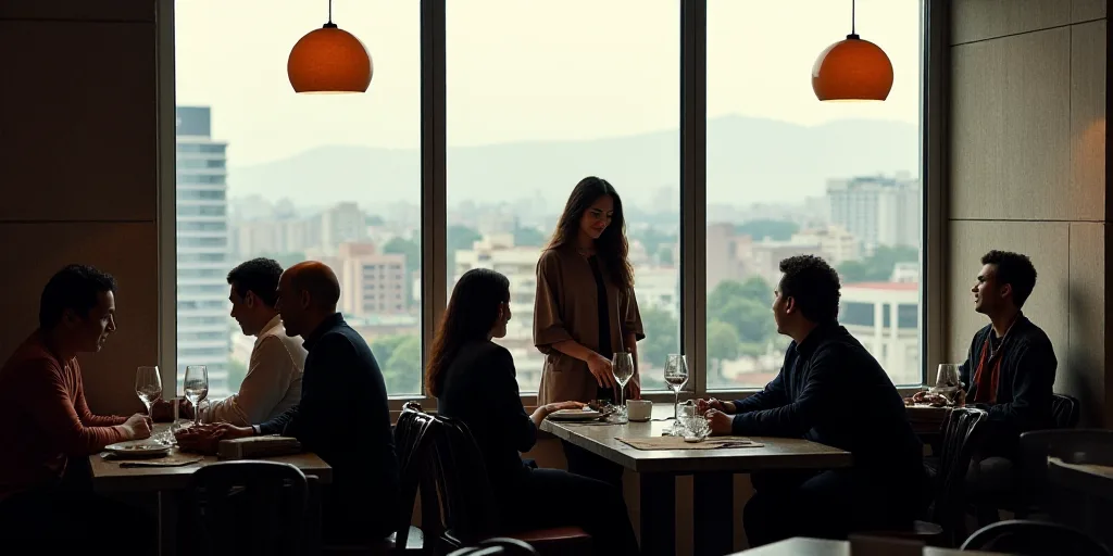 a group of people sitting at tables in a restaurant with a view of the city below them and a woman s