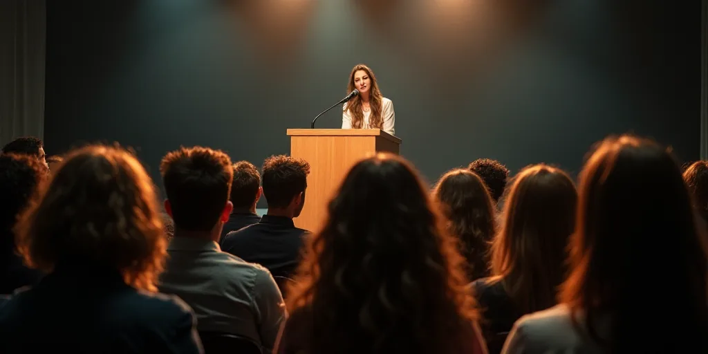 a group of people sitting in front of a podium with a microphone in their hands and a woman standing
