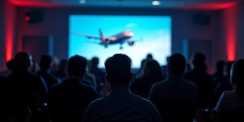 a group of people sitting in front of a crowd of people in chairs in front of a screen with a plane