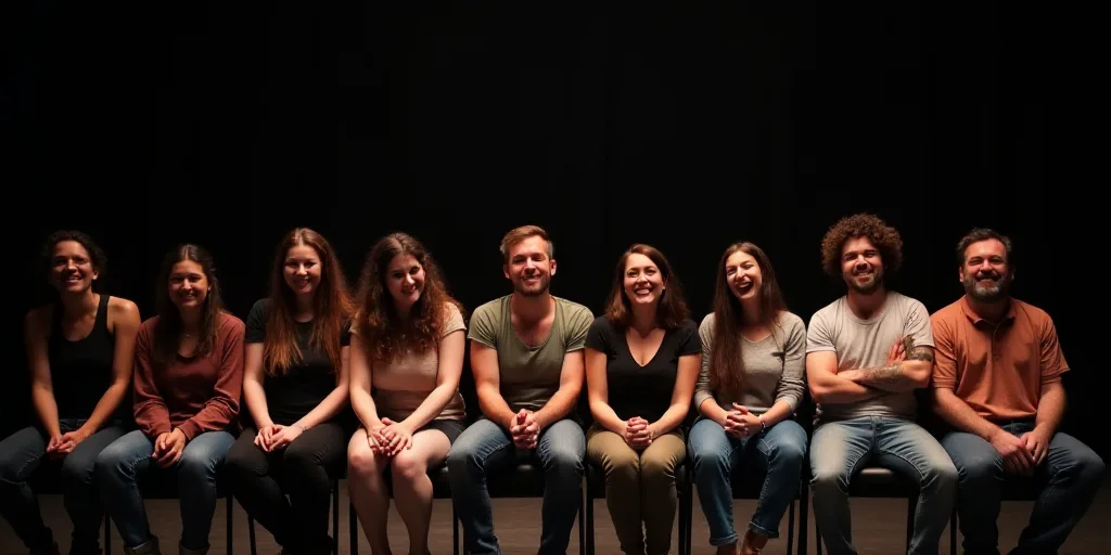 a group of people sitting next to each other in a row on a stage with their hands together and smili