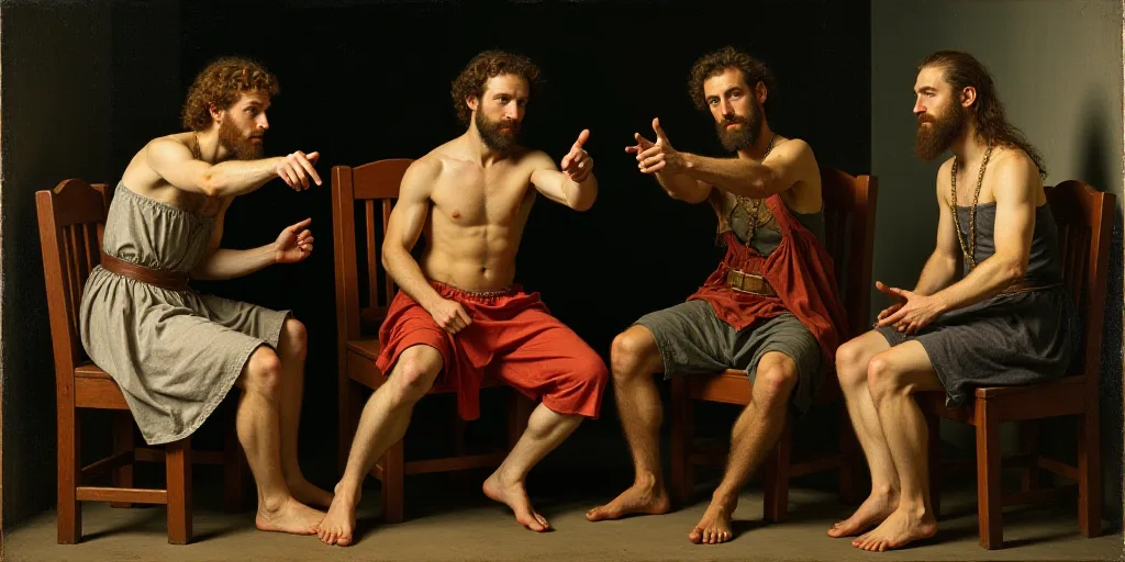 a group of people sitting next to each other in chairs with one man pointing at the camera and the o