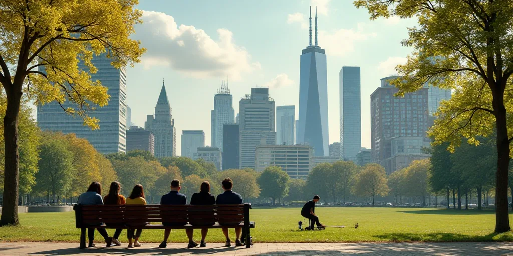 a group of people sitting on a bench in a city park with tall buildings in the background and a skat