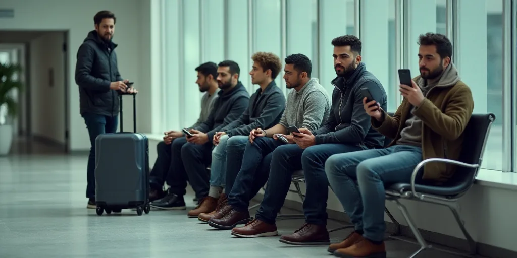 a group of people sitting on a bench with luggage and cell phones in their hands and a man on his ce