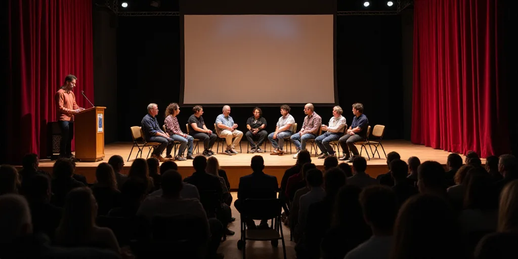 a group of people sitting on a stage in front of a crowd of people in chairs and a speaker, Ceferí