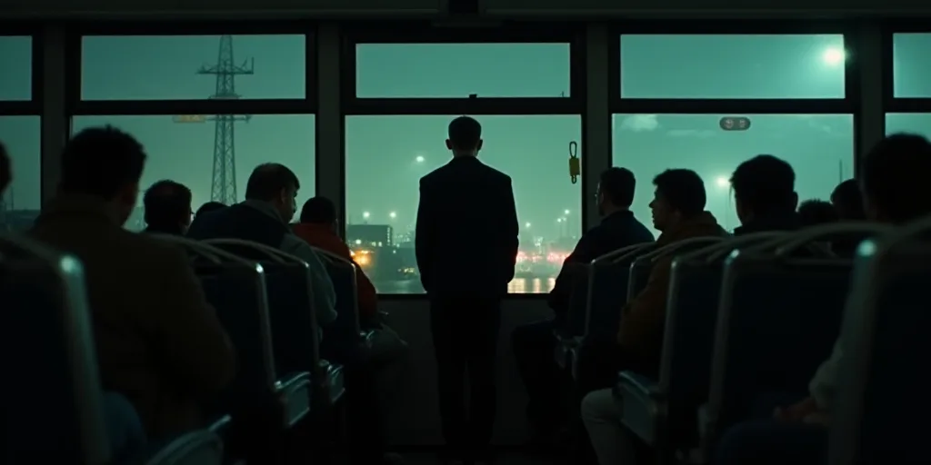 a group of people sitting on a bus at night time, looking out the window, with a man standing in the