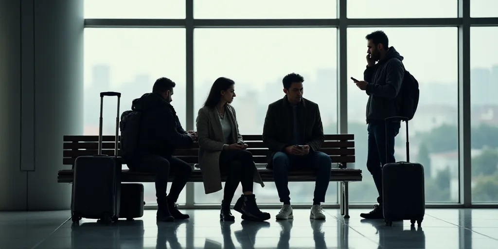 a group of people sitting on a bench with luggage and cell phones in their hands and a man on his ce