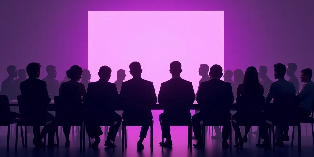 a group of people sitting on chairs in front of a crowd of people at a business meeting in a purple