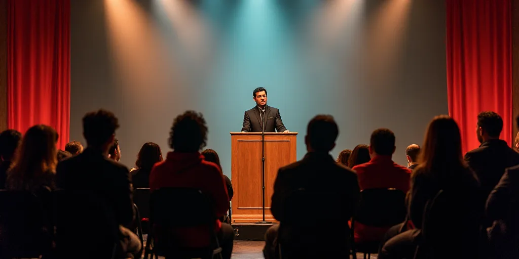 a group of people sitting on chairs in front of a microphone and a man standing at a podium with a m