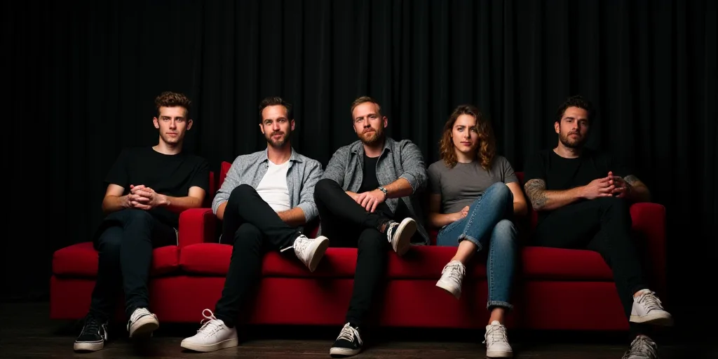 a group of people sitting on top of a red couch next to each other on a black background with a blac
