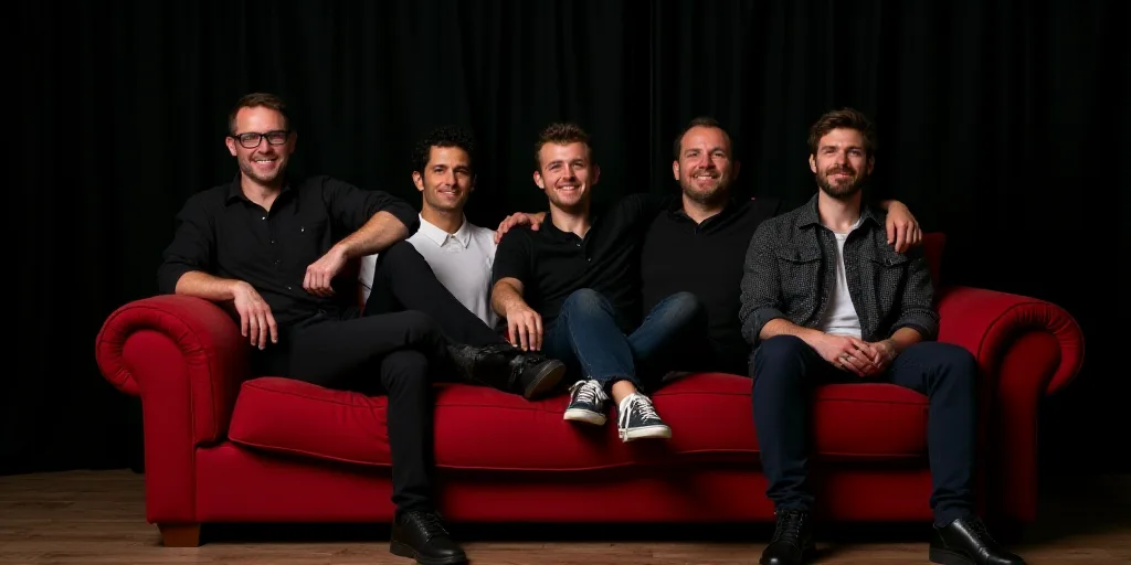 a group of people sitting on top of a red couch next to each other on a black background with a blac