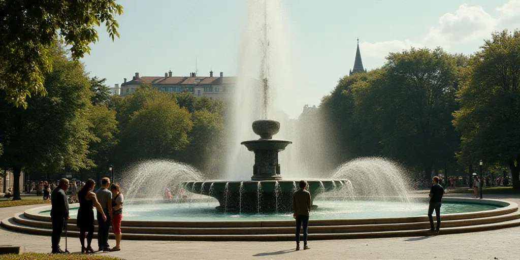a group of people standing around a fountain in a park area with a clock on it's side, Cherryl Fount