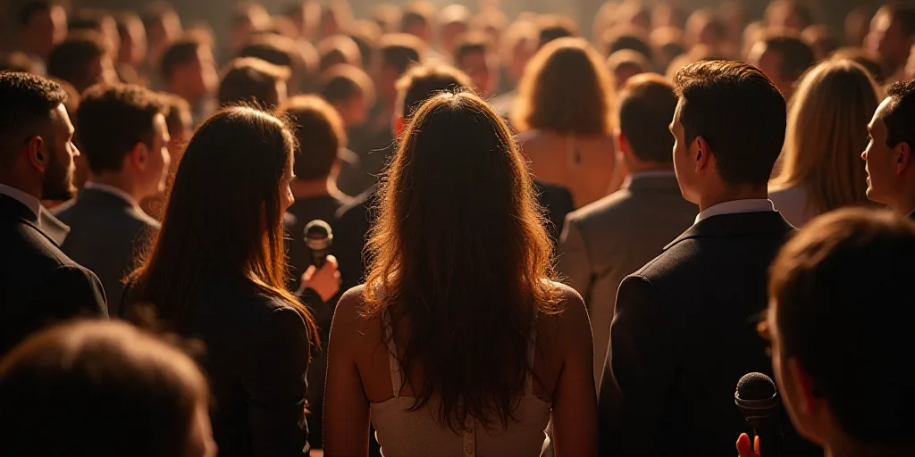 a group of people standing around each other in front of a crowd of people with microphones in their