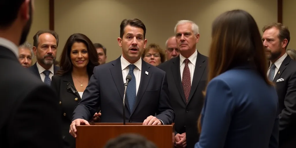 a group of people standing around a podium with a man holding a microphone and a woman holding a mic