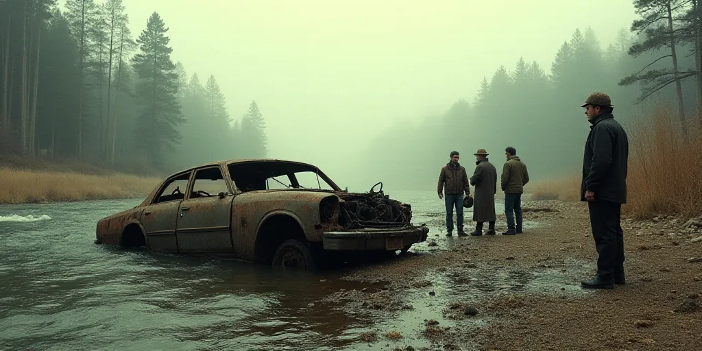 a group of people standing around a wrecked car in a river bank area with a man standing next to it,