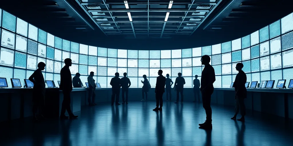 a group of people standing around a counter with lots of monitors on it's walls and a man walking by