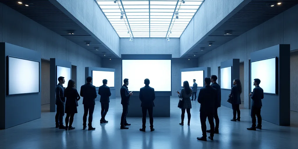a group of people standing around a display of televisions and monitors in a building with a skyligh