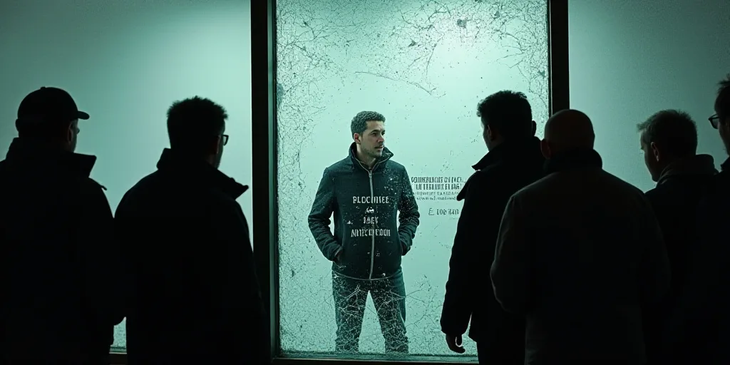 a group of people standing around a broken glass window with writing on it and a man in a black jack