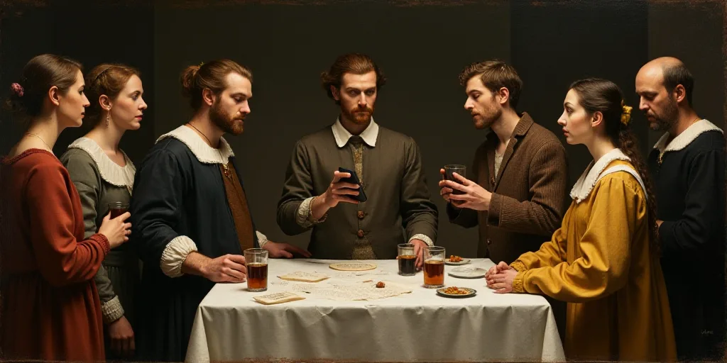 a group of people standing around a table with drinks and papers on it and a man holding a cell phon