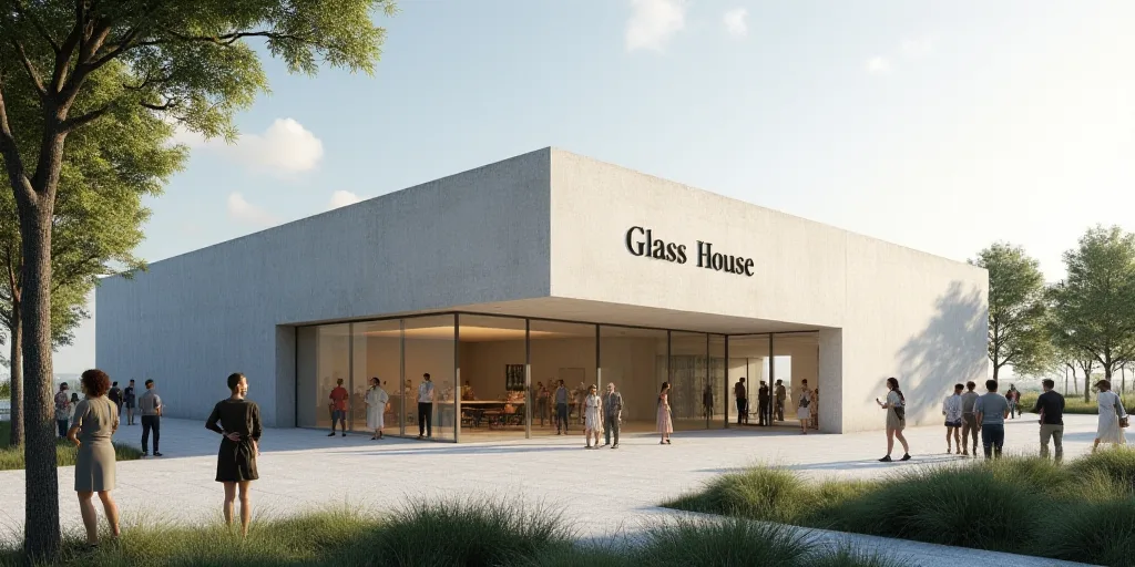 a group of people standing around a building with a sign on it's side that says glass house, Esaias