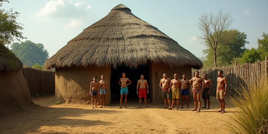 a group of people standing around a village with a thatched roof and a thatched roof on top of it, C