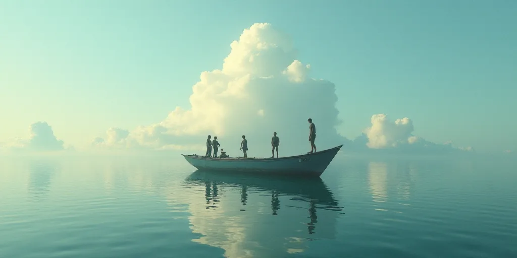 a group of people standing around a boat in the water with a cloud floating over it and a man in a w