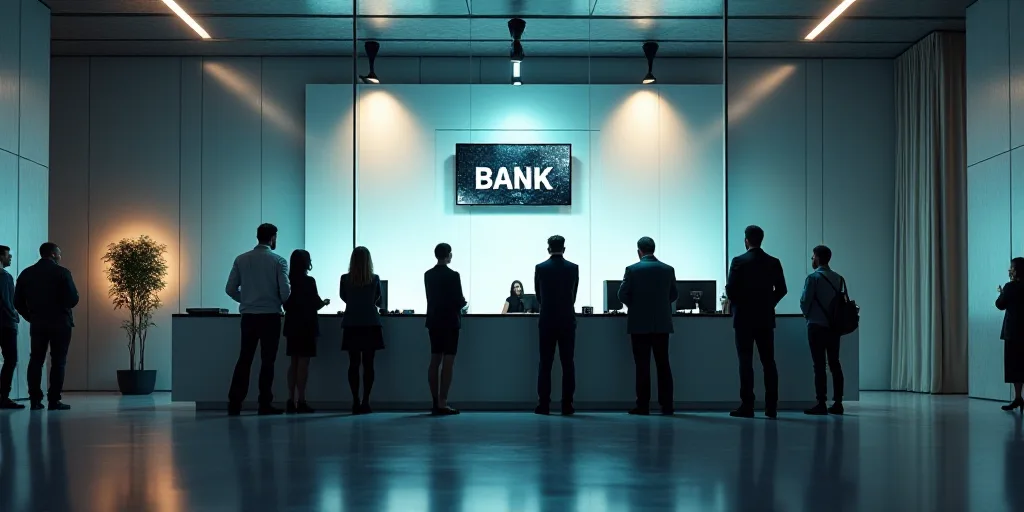 a group of people standing around a bank counter in a building with a tv on the wall above it, Carlo