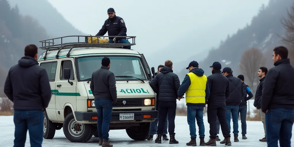 a group of people standing around a van with a man in a uniform on it's back and a woman in a yellow