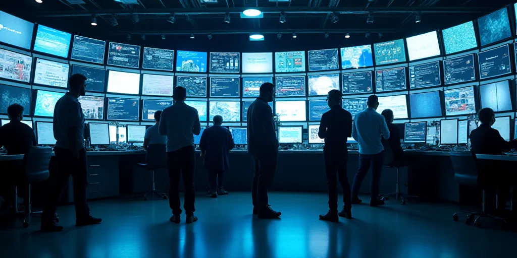 a group of people standing around a counter with lots of monitors on it's walls and a man walking by