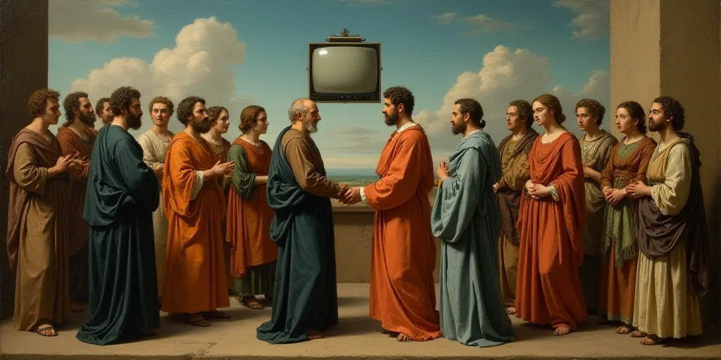 a group of people standing around each other on a ledge with a tv screen in the middle of them, Denn