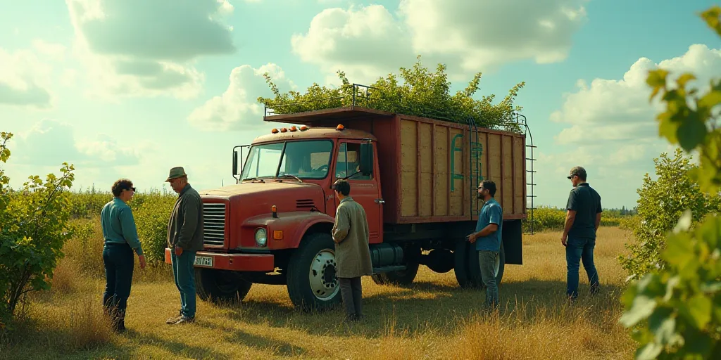 a group of people standing around a truck with a ladder on it's back and a ladder on the back of it,