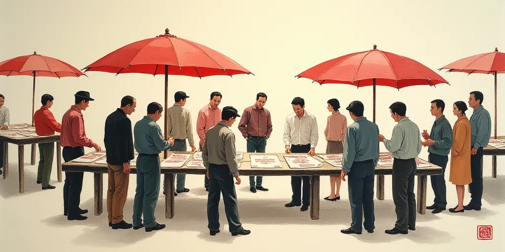 a group of people standing around a table with papers on it and umbrellas over them and people stand