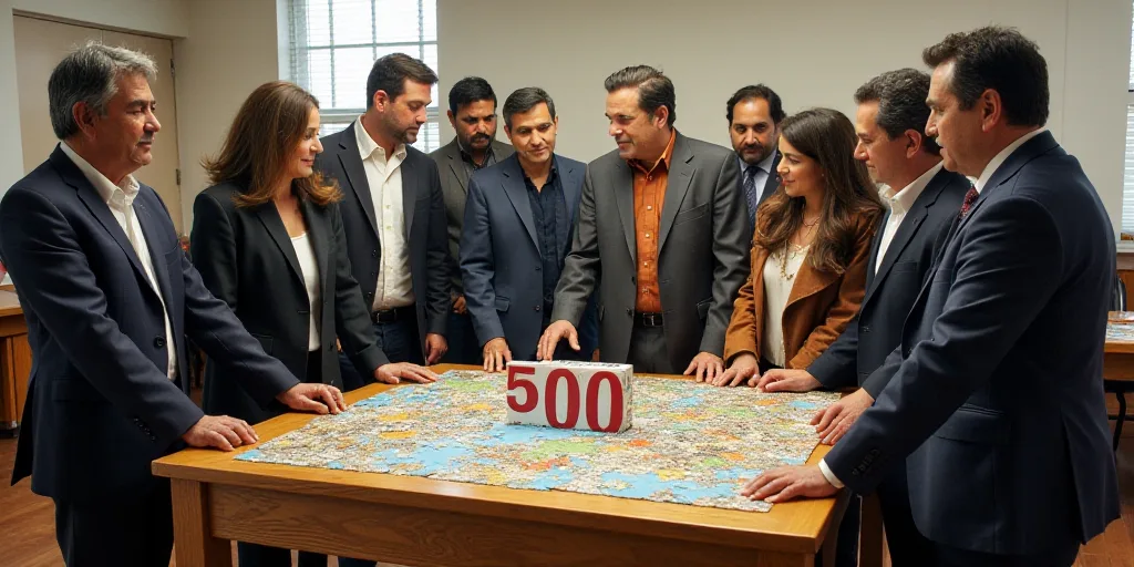 a group of people standing around a table with a sign on it that says 5, 000, and a woman in a tie a