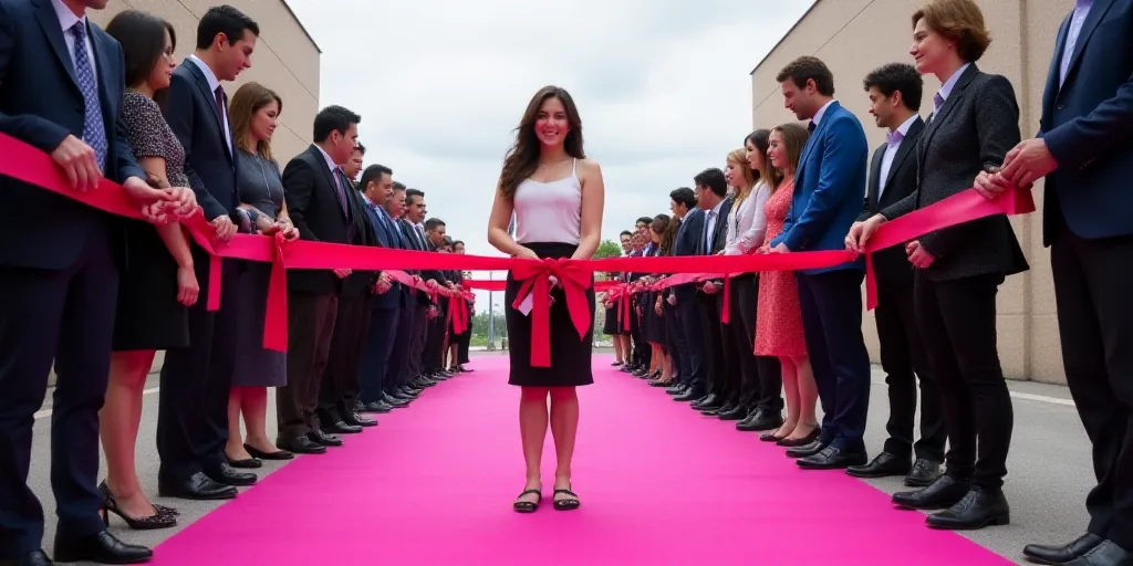 a group of people standing around a pink carpeted floor with a ribbon cutting ceremony in front of t