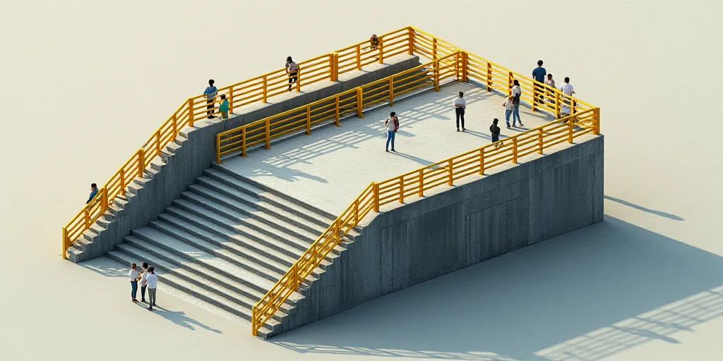 a group of people standing around a cement structure with yellow railings and pipes on it's sides, A