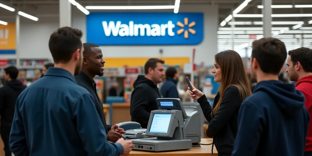 a group of people standing around a walmart cash register machine in a store with walmart sign in th