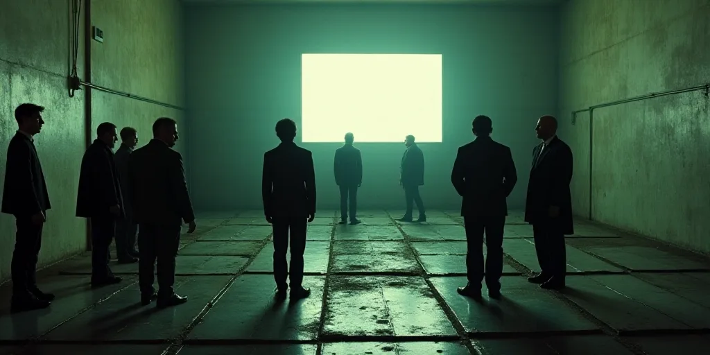 a group of people standing around a room with metal sheets on the floor and a television screen in t