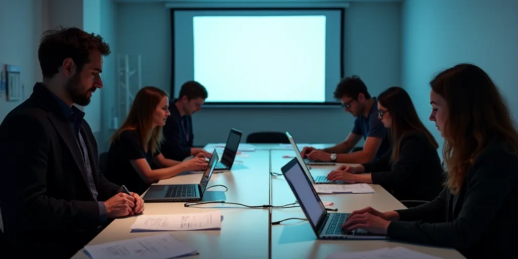 a group of people standing around a table with laptops and papers on it, and a projector screen in t