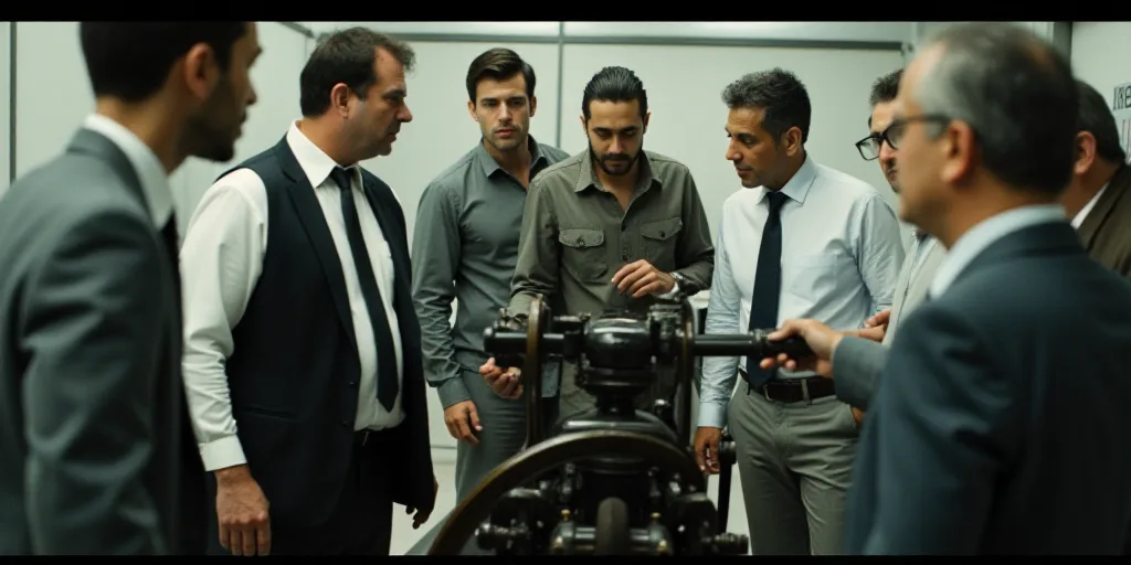 a group of people standing around a machine with a man in a vest on it's back and a man in a white s
