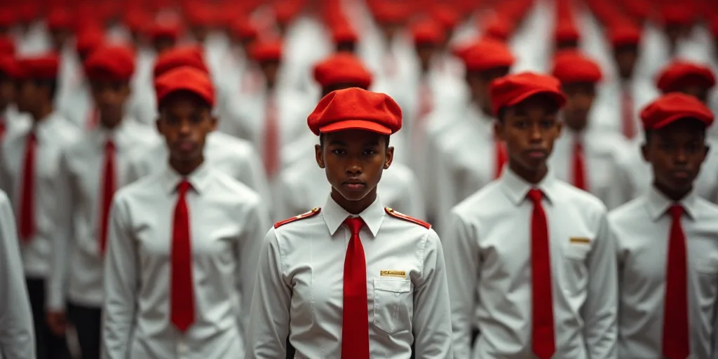 a group of people standing around each other in a crowd of people wearing white uniforms and red cap