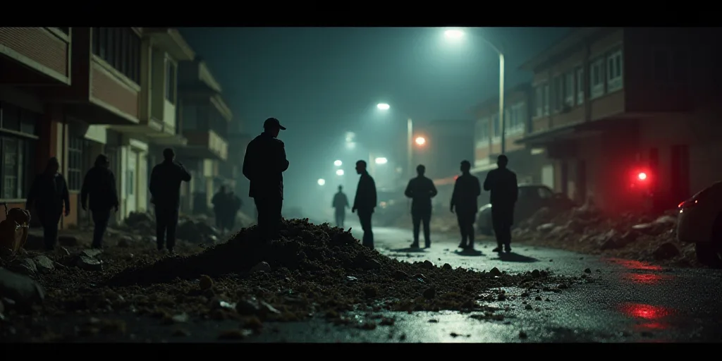 a group of people standing around a pile of rubble in a street at night time with a fire hydrant in