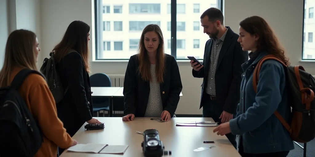a group of people standing around a table with bags on it's backs and one holding a camera, Ada Glad
