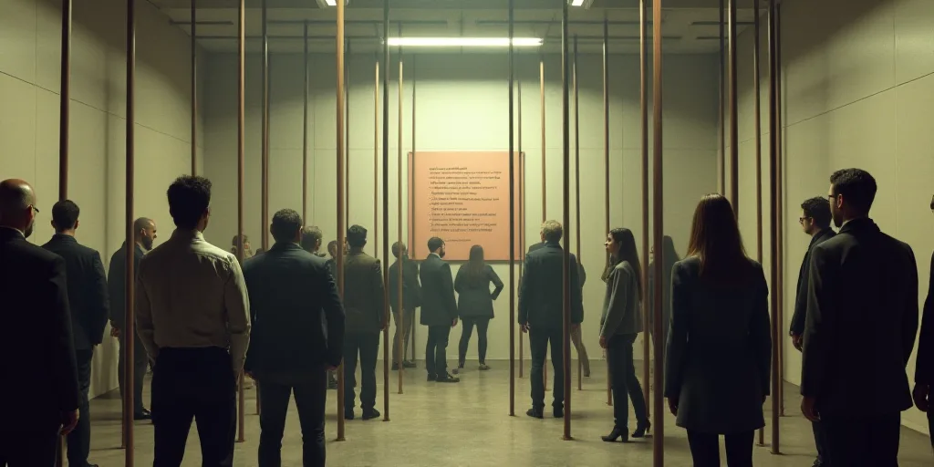 a group of people standing around a room with a bunch of poles in it and a sign on the wall, Aníbal