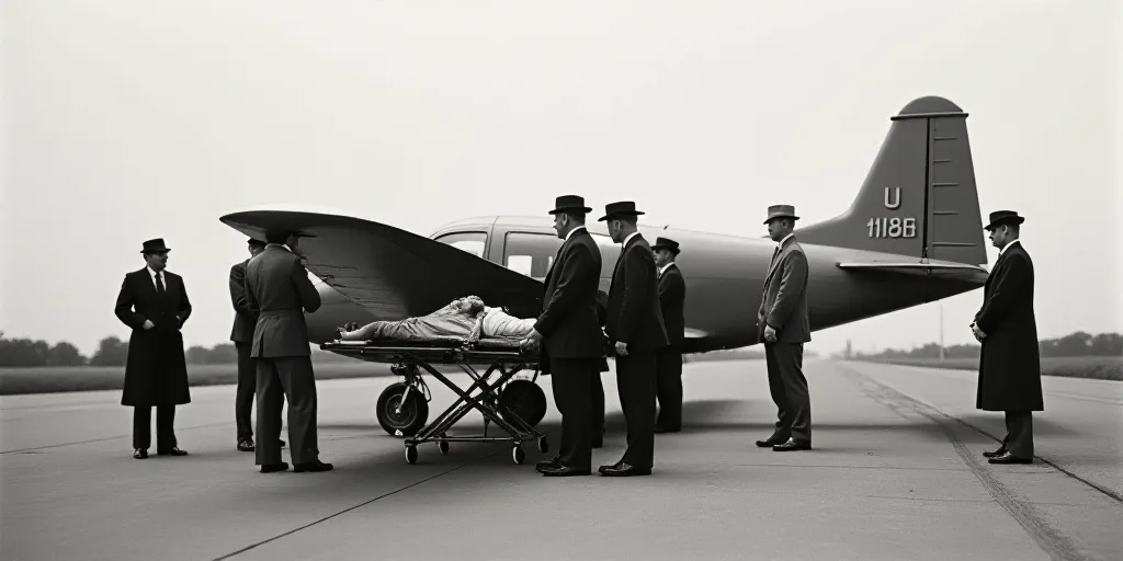 a group of people standing around a small plane on a tarmac with a person on a stretcher, Elbridge A