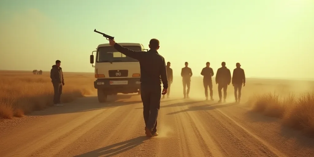 a group of people standing around a truck on a dirt road with a man holding a gun in the air, Amir Z