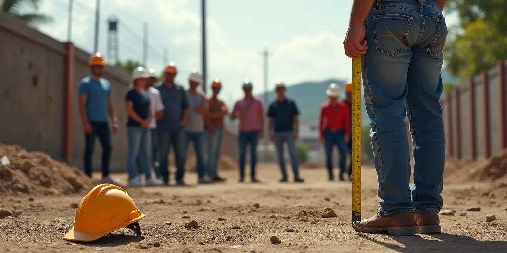 a group of people standing around a construction site with a helmet on the ground and a man holding