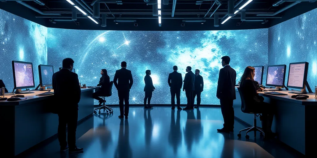 a group of people standing around a counter with lots of monitors on it's walls and a man walking by