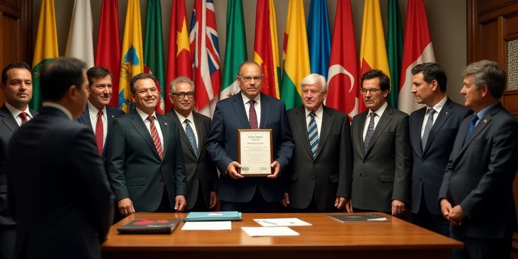a group of people standing around a table with flags behind them and a man holding a plaque in front