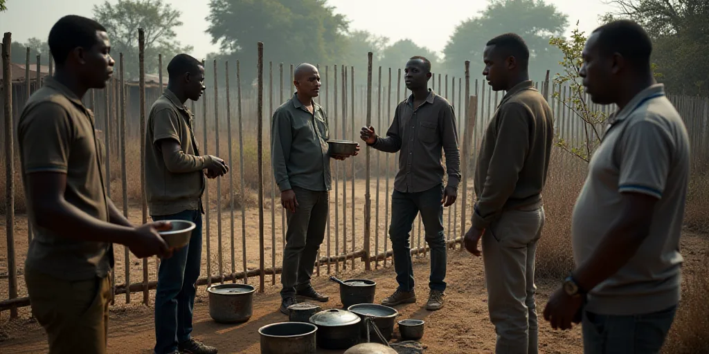 a group of people standing around a metal fence with pots and pans in it and one person holding a bo